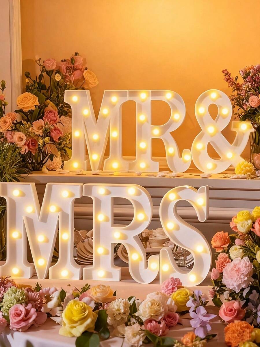 A Set Of 6 Wedding Decoration Holiday Party Packages, LED Lights With Neon Lettered Desktop Logos For "Mr. And Mrs.", Independent Plastic Battery Powered, Perfect For Photo Props, Valentine's Day Anniversary Wedding Decorations - Powered By AA Batteries (Batteries Not Included) - 白色 - 查看 1