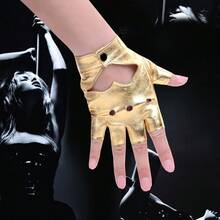 JISEN Women Heart Cutout Punk Half Finger PU Leather Performance Gloves,A-Gold - A-Gold - 查看 4