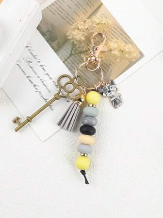 1 pieza Abalorios de silicona de 12 mm estilo ábaco, llavero con colgante de gato mecánico con gota de aceite dorado y borla, regalo para amigos, familia, cumpleaños, parejas, mejores amigos