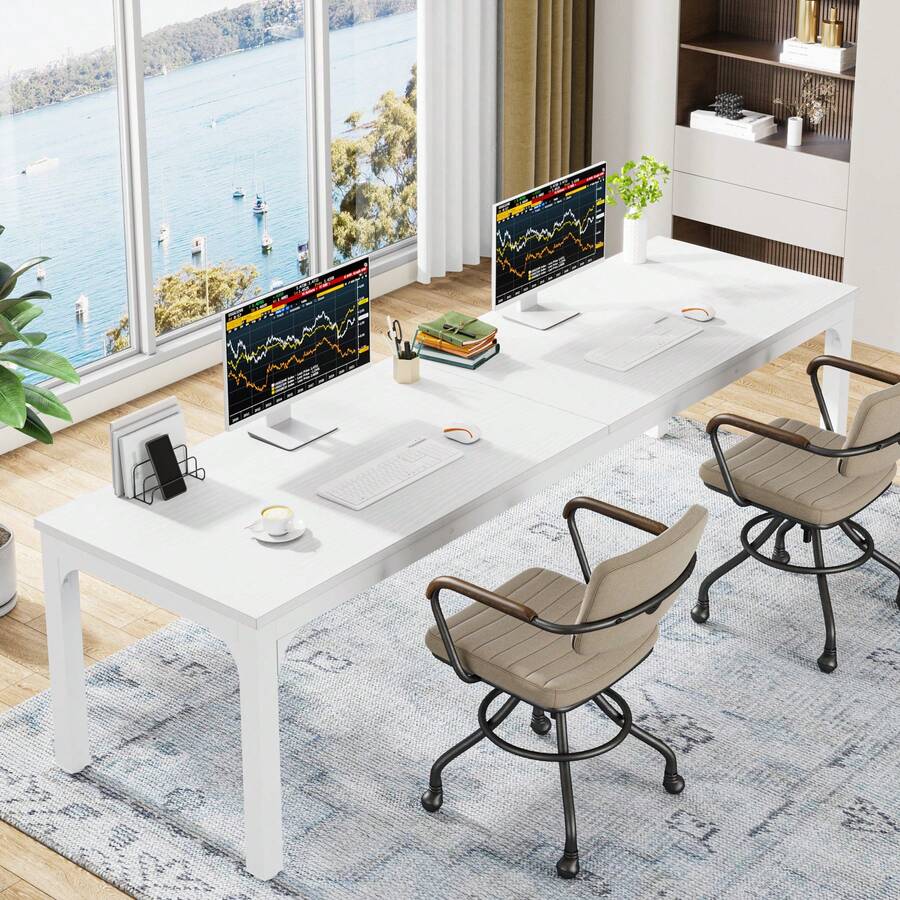 Tribesigns Extra Long Computer Desk 2 Person, Extra Wide Double Office Lndustrial Writing Workstation With Adjustable Foot Pads For Home Office - White - View 1