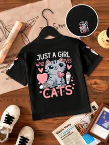 Camiseta casual de manga corta con cuello redondo y gráfico de gato de dibujos animados para niña - Negro - Ver 3
