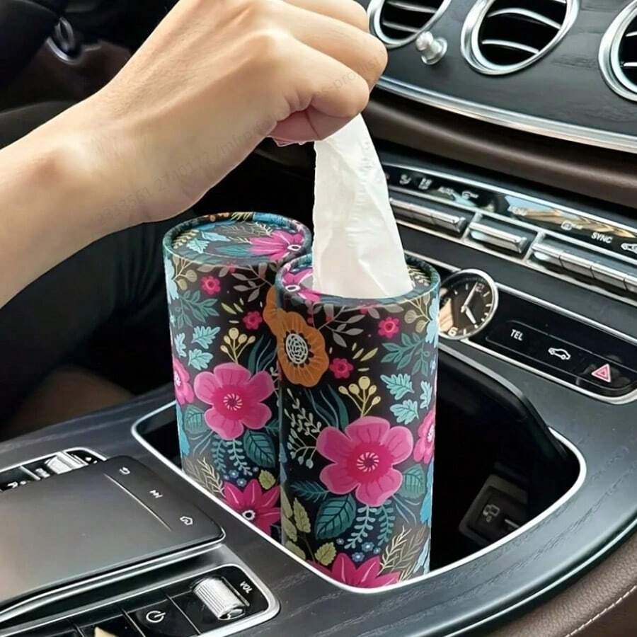 Floral Car Tissue Paper Holder, Cylindrical Tissue Paper Dispenser, Seat-Mounted Cylindrical Car Tissue Paper Bucket, Creative Car Tissue Paper Box