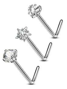 3pcs/6pcs/9pcs Stainless Steel Zirconia Heart/Round/Star Nose Studs, Unisex Silver L-Shaped Nose Piercing Jewelry, Suitable For Party, Date And Birthday Gift (Heart Position Random) - Silver - View 8
