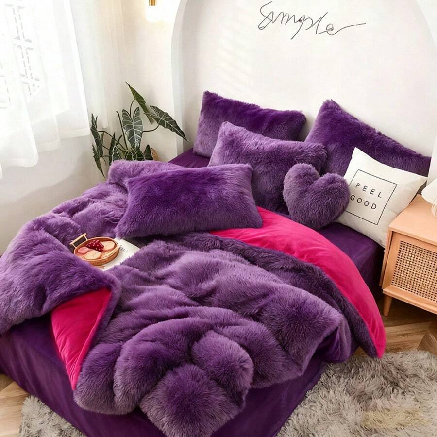 Luxury Solid Faux Mink Velvet Bedding Set 3/4-Piece Bedding Set With Fluffy Heart Pillow Anti-Static Soft Warm Twin/Queen /King  Size For Bedroom - Màu tím - Xem 1