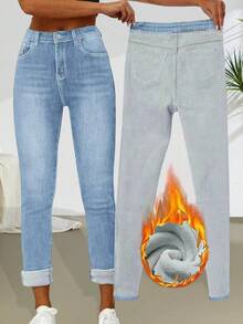 女士休闲直筒牛仔裤，带拉链，保暖内衬，中度弹力面料 - 淺色水洗藍 - 查看 2