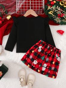2pcs Christmas Santa Claus Ribbon Bow Cap Sleeve Top & Plaid Snowman Print Skirt Set For Young Girl, Autumn/Winter - Black - View 2