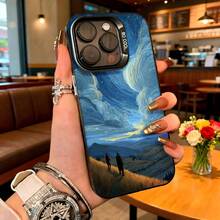 Cubierta de telefono con diseño de arte abstracto azul oscuro con paisaje estrellado y figuras caminando para uso diario en cafeterias y salas de estar - Blanco - Ver 1