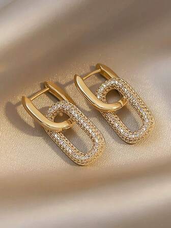 1 par de pendientes elegantes chapados en oro de 14K con piedras de circonita, grosor de 0,03μm