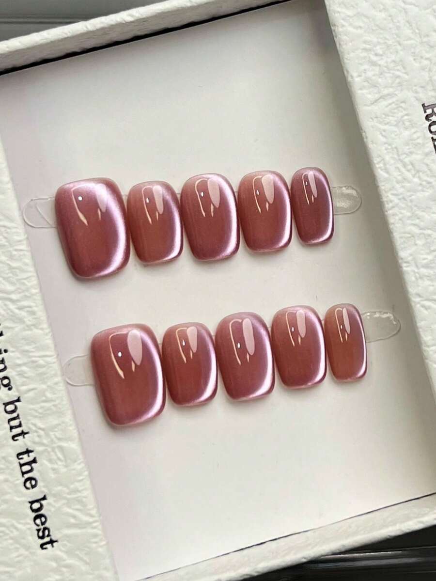 10片手工美甲片，椭圆方形亚克力按压式美甲，短款/中款，极简粉色美甲，闪亮猫眼美甲，简约优雅奢华手工美甲，秋季美甲，秋季按压式美甲，可爱美学，百搭美甲，DIY假指甲，派对日常及约会适用，海滩热带度假适用，可重复使用，适合女性和女孩作为礼物，美甲用品，手工按压式美甲 - 粉色 - 查看 1
