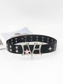 1 pieza Cinturón de estilo punk con estampado de cocodrilo, remaches con forma de estrella y hebilla de metal personalizada, cinturón de cuero decorativo de uso urbano