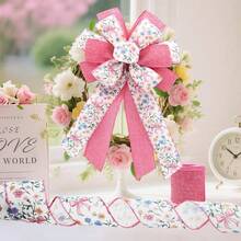 2 Rolls Pink Floral Wired Ribbon With Bow Pattern - 2.5 Inch Wide, 10 Yards Total, Elegant Wedding Decor, DIY Gift Wrapping, Craft Supplies, Shabby Chic Floral Bow Ribbon, Summer Decor,Pink - 粉色 - 查看 5