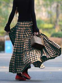 格子休闲优雅可爱女裙 - 咖色+黑色格子 - 查看 5