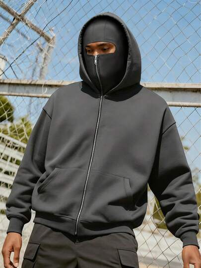 Men's Hooded Jacket With Face Mask, Protective Balaclava Design, Autumn/Winter Outdoor Cycling Running Sports Coat, Side Pockets For Comfort, Oversized Loose Fit