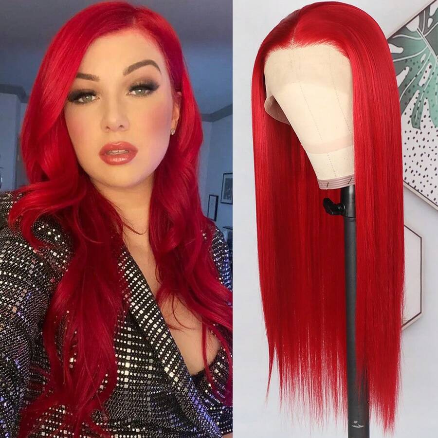13x4 Free Part Mint Green Long Straight Lace Front Wigs Glueless Long Silky Straight Wigs Pre Plucked HD Lace 180% Density Light Green Wig Soft Free Part Wear And Go Lace Front Wigs For Fashion Women Party & Daily Wear 26 Inch - 紅色 - 查看 1