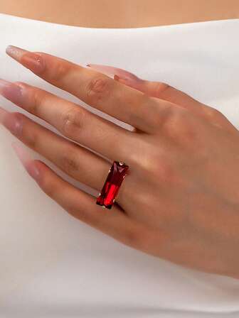 1枚优雅奢华彩色水钻长方形可调节开口戒指，适合女士日常、酒吧、派对佩戴