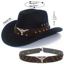 Women Men Western Cowgirl Hats Fashionable Bull Head Wide Brim Fedora Caps For Outdoor Travel - 米色 - 查看 8
