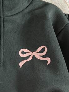 两件套女童休闲蝴蝶印花落肩圆领长袖卫衣长裤套装，保暖连帽衫和长裤，秋冬季 - 深灰色 - 查看 4