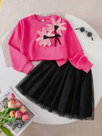 Tween Girls Vår/Höst 3D Lotus Stickad Rundringad Långärmad Topp + Flerskiktad Tyllkjol Prinsessklänning 2 Delar Söt Dam Outfit