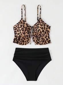 2pcs Leopard Print Elegant Cute Knotted Bow Swimsuit, Beach Vacation - Leopard Print - View 3