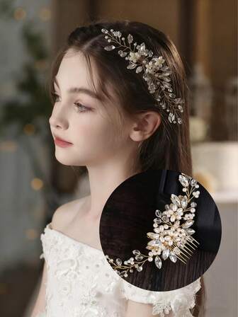 1个儿童珍珠钻石花朵金色发夹，手工水钻叶子发梳伴娘发饰，优雅奢华婚礼装饰，适合日常和派对使用