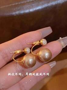 Best-Selling New Arrivals  Topshiny 1 Pair Elegant Korean Champagne Pearl & Rhinestone Stud Earrings, Suitable For Daily Outfit And Party Accessories - 香檳色 - 查看 6