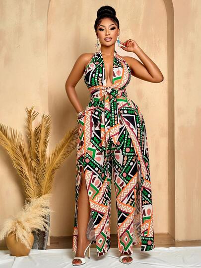 BIUBIU Mono largo con cuello halter, estampado geométrico y detalles de abertura en la pierna para mujer talla grande