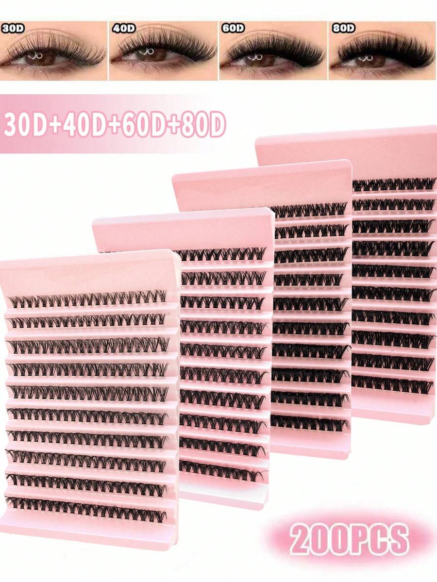 全新DIY睫毛嫁接套装：200根簇状假睫毛，80D/60D/40D/30D卷度可选，可重复使用，浓密蓬松，适用于派对、舞台、节日眼妆