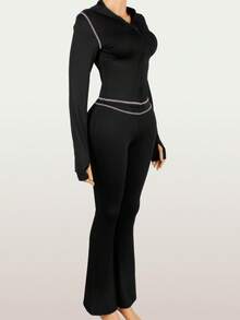 طقم هوديي وبنطلون كاجوال للنساء، طراز شارع رياضي بأكمام طويلة مكون من قطعتين، مناسب للحفلات والتجمعات، خريف - الأسود - مشاهدة 3