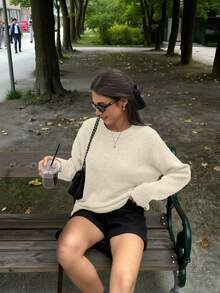 SEREN 秋冬新款杏色圆领长袖针织套头衫女上衣 时尚宽松简约大气经典优雅慵懒风适合日常出门通勤毛衣秋季女装 - 杏色 - 查看 2