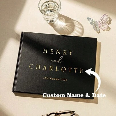 1pc Personalized Black Horizontal Wedding Guest Book, Customized Wedding Memorial Photo Album, Mr. & Mrs. Signing Book,Warm Ambience,Fall Decor