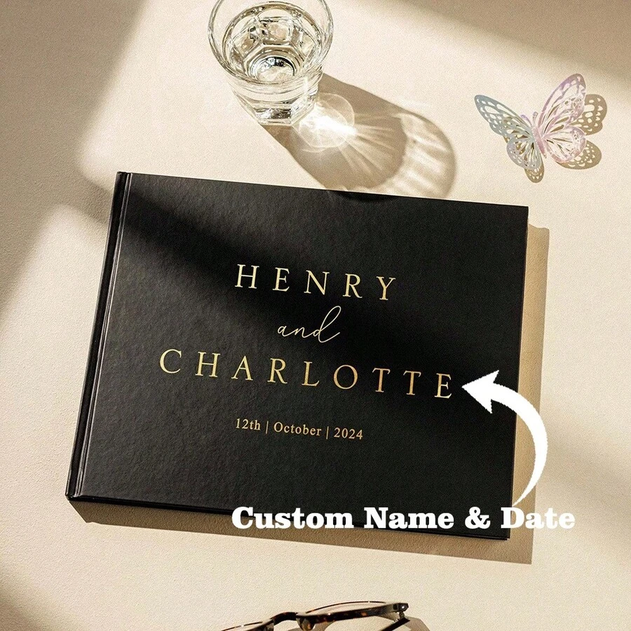 1本个性化黑色横版婚礼宾客签名册，定制婚礼纪念相册，新人签名簿，温馨氛围，秋季装饰