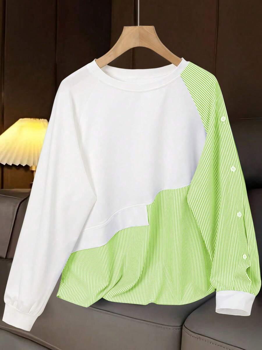 Bluză de damă cu dungi, model patchwork, în culori contrastante, cu nasturi, purtare zilnică, primăvară/toamnă, alb, negru, albastru, roz, verde, galben