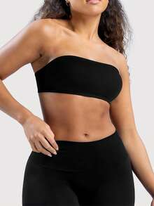 DINBEY Women's Backless Bandeau Sports Bra - Padded Seamless Wireless Solid Color Fitness Yoga Top Black Spring - Black - View 3