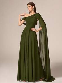 VIPGIRL Elegant Luxury Women's Chiffon Long Formal Dress, Asymmetric Neckline And Pleated Hem Design - Army Green - View 6