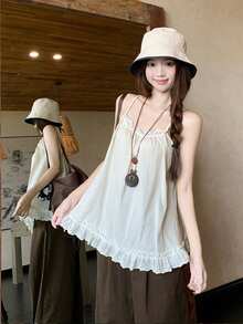 女士蕾丝吊带背心，独特设计，可叠穿，无袖衬衫，休闲夏季款 - 杏色 - 查看 5