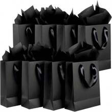 Offizon 6 Pcs Black Gift Bags, 8.7x3.9x7.1inch Paper Bag With Black Tissue Paper, 5-Sense Party Favor Bags - ColorM - View 6