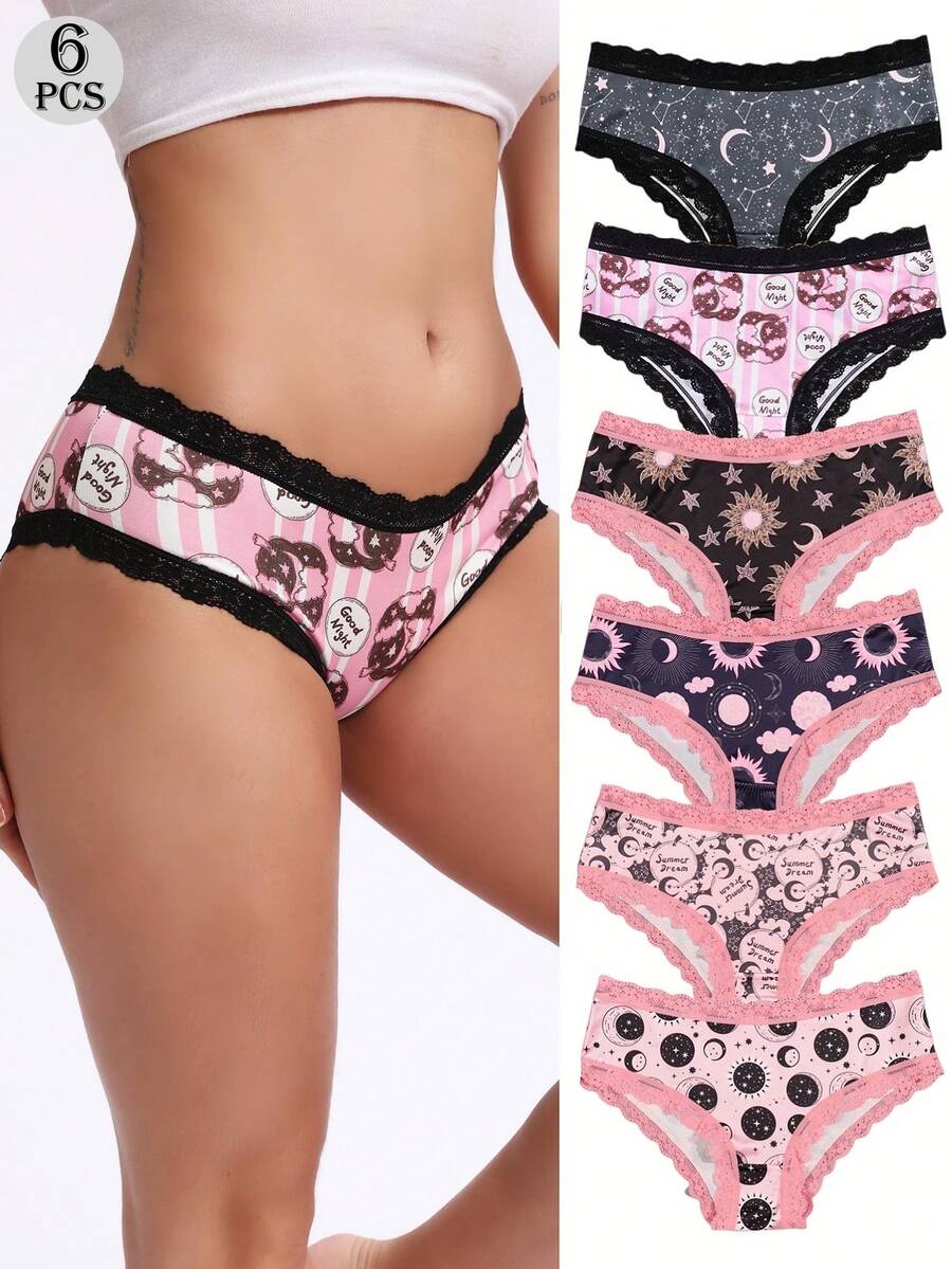 Dircho 6 Peças Calcinhas Hipster Românticas com Renda Contrastante para Mulheres, Estilo Boho com Ilustração Feita à Mão com Estampa Completa de Estrelas, Luas, Espaço, Céu Estrelado e Constelações, Calcinha Íntima, Roupa Íntima e Lingerie Feminina