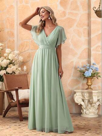 Fall Winter Butterfly Sleeve Tie Back Ruched Chiffon Sage Green Bridesmaid Dress Elegant Dress Wedding Guest Dress For Wedding Fall Semi Formal Dress