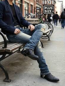 234  New Fashionable Men's Jeans Retro-Washed Distressed Design With Frayed Hem Mid-Rise Stretch Slim-Fit Straight Leg With Structured Cut All-Season Wear Classic Blue With Natural Faded Effect Soft Stretch Denim Fabric, Machine Washable Essential For Everyday Casual Wear Men's Jeans (Plus Sizes Available) Men's Plus Size Apparel - 深藍色 - 查看 2