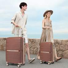Lightweight PP Hard Shell Suitcase Luggage 20in Cabin Carry On 24in Medium Check In 28in Large Check In 3 Piece Set Spinner Wheels TSA Lock Travel - Brown - View 3