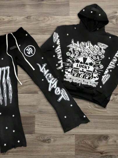 Suéter con capucha y pantalones acampanados para hombre, traje con estampado, nuevo modelo de primavera