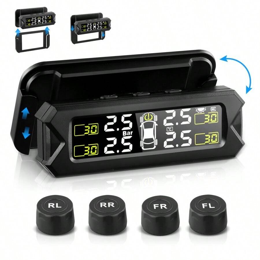 Tyre Pressure Monitoring System Wireless Solar Large Display Tyre Pressure Monitor Tire Pressure Auto Alarm System With 4 External Sensors - Black - View 1