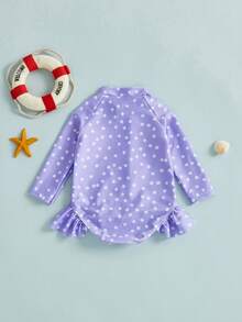 Baby Girl Rash Guard Swimsuit Dot Print Long Sleeve Mock Neck Romper Ruffled Hem Zip Up Swimwears - Morado - Ver 4