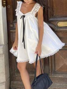 Cute Ribbon Bow Square Collar Sleeveless Short Dress Lace Trimmed Babydoll Mini Dress Fairycore Y2k Cute Women A-Line Dress - 白色 - 查看 2