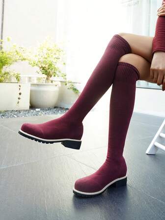 Chunky Heel Tall Retro Over-The-Knee Boots For Women, Fashion Round Toe Chunky Mid-Heel Boots