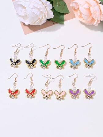 12件套可爱CCB蝴蝶仿珍珠吊坠耳环套装，适合女性日常佩戴，四季皆宜