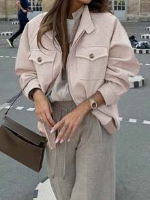 Áo khoác Doriss cổ đứng, túi nắp, họa tiết xương cá, cài nút và khóa kéo, thích hợp cho mùa tựu trường, áo khoác ngoài, màu trơn, phù hợp cho bữa tối, phong cách bohemian cổ điển. - Tro - Xem 1