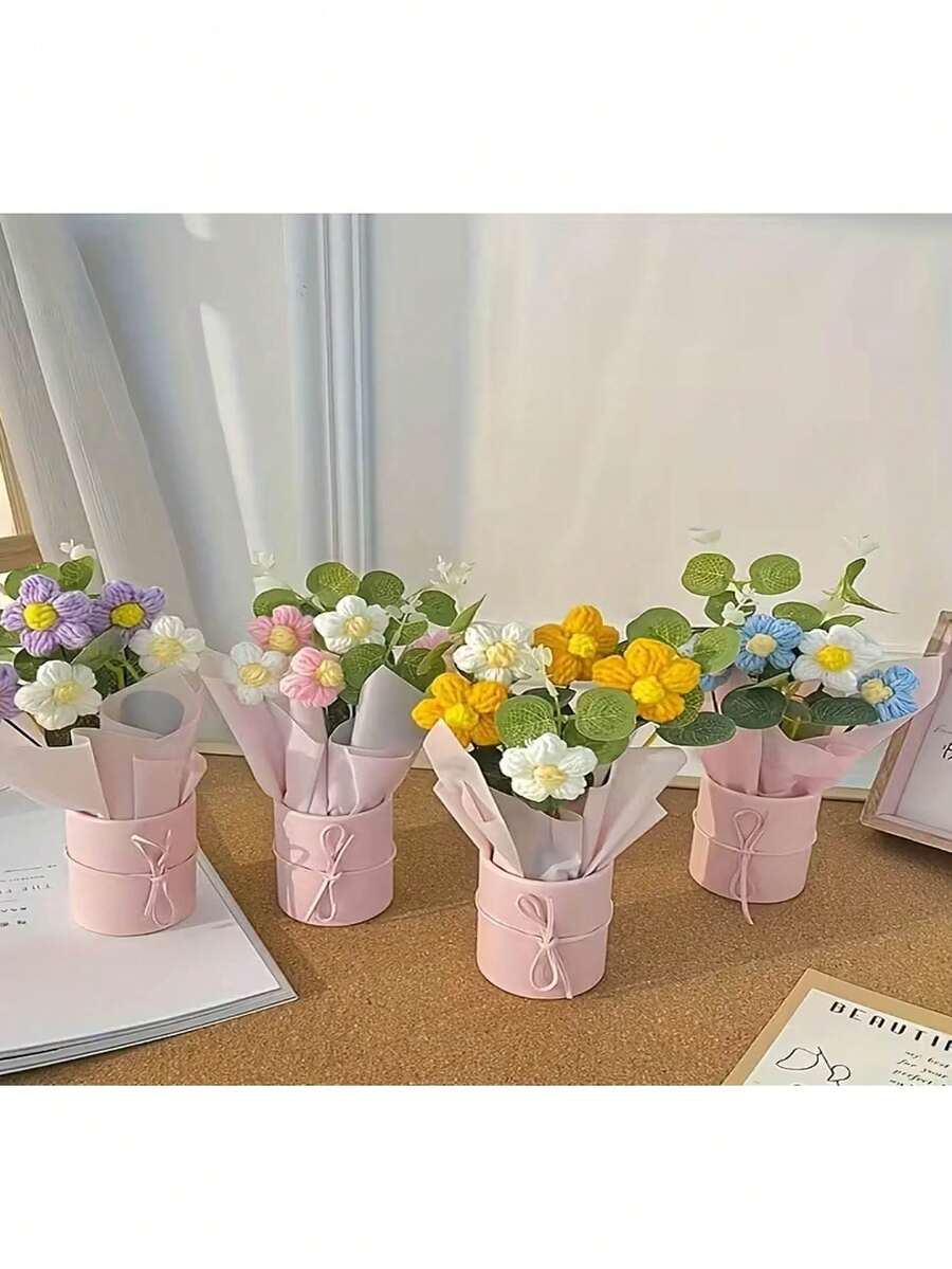 1件手工钩编花束，拥抱桶花束，针织花束，完美适用于情人节、婚礼、订婚、嘉年华、新年、母亲节、毕业典礼、返校礼物、生日派对、洗礼、乔迁礼物、教师节礼物或周年纪念礼物、家居装饰和派对礼品。