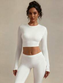 XLLAIS 小圆领长袖修身T恤，弹性双层设计，白色露脐上衣，秋冬服装 - 白色 - 查看 9