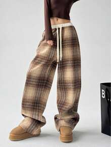 Plaid Woolen Wide Leg Pants For Women, Loose Straight Leg Casual Trousers, Suitable For Autumn And Winter - Yellow - View 3